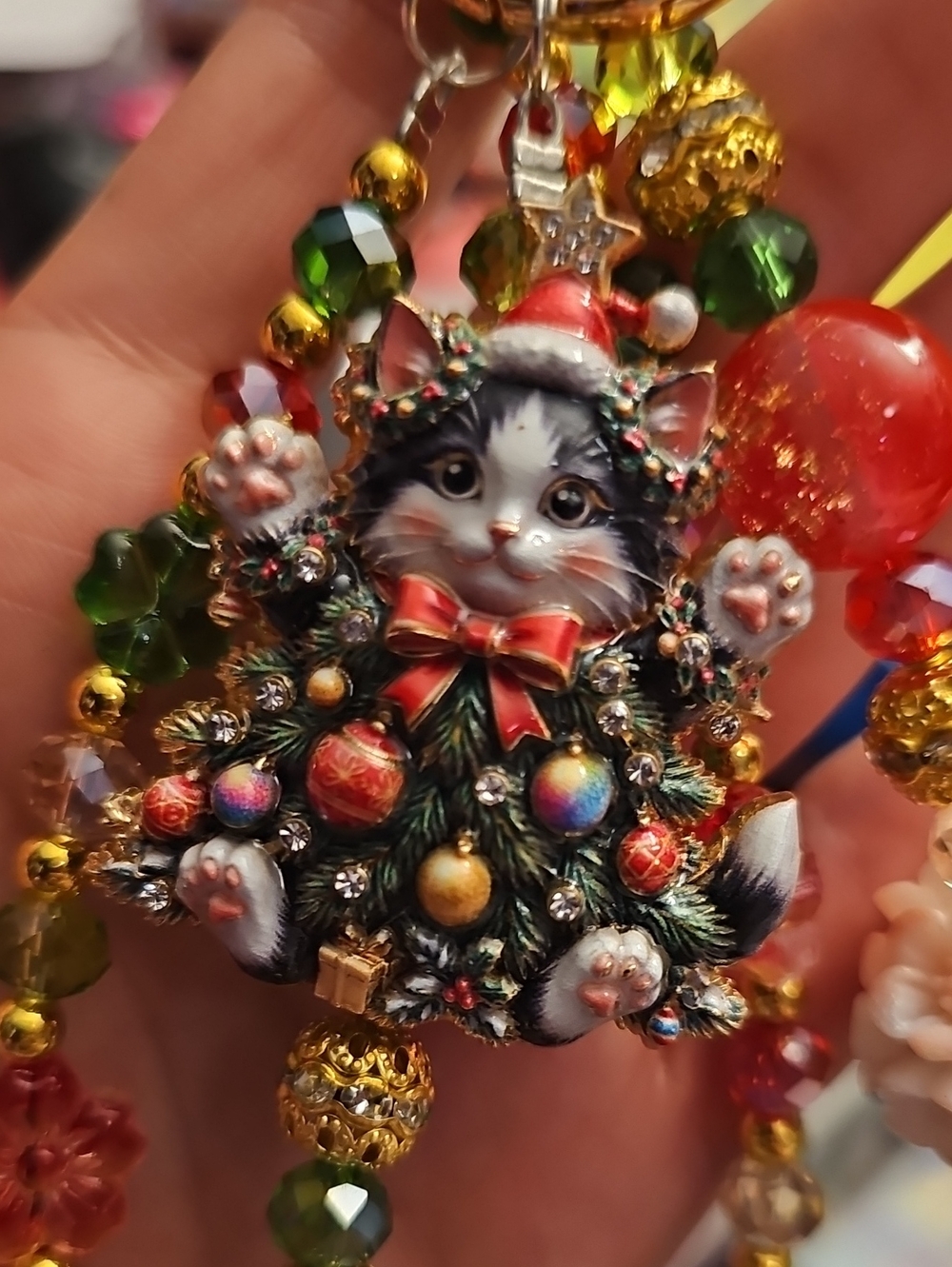 Holiday Cat Ornament Keychain - Red & Green Festive Charm